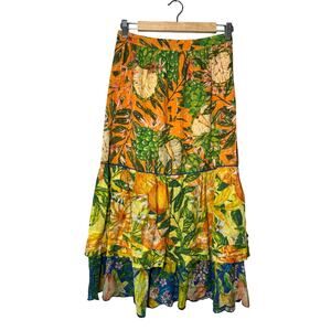 FARM Rio Caipirinha Tiered Cotton Tropical Fruit Midi Skirt XS